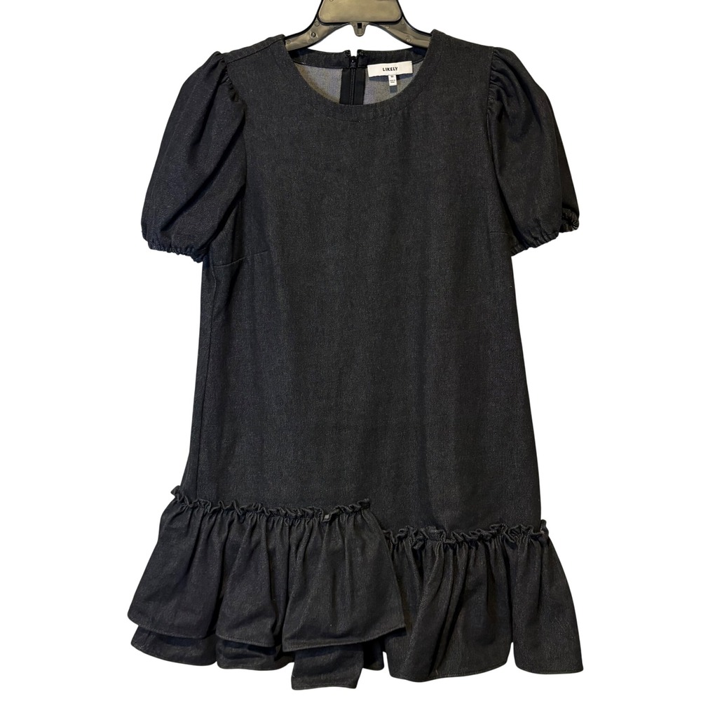 Likely Black Denim Puff Sleeve Ruffle Hem Dress‎ Women's Size 10 Babydoll
